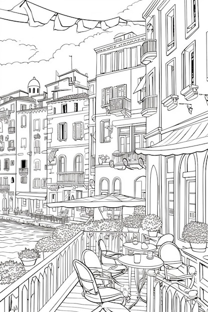 Черно-белый рисунок города с речным генеративным искусственным интеллектом