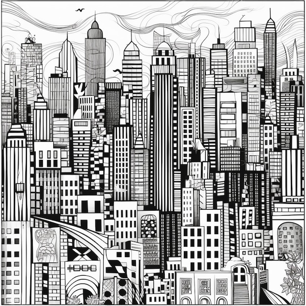 Premium AI Image | a black and white drawing of a city with tall ...