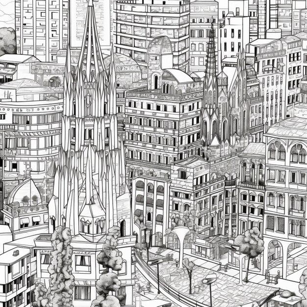 Foto un disegno in bianco e nero di una città con edifici alti generativo ai