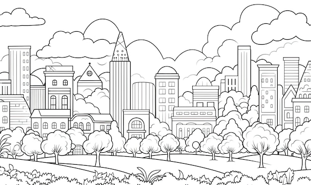 A black and white drawing of a city