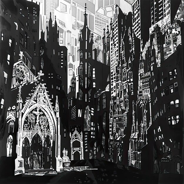 Photo a black and white drawing of a cityscape
