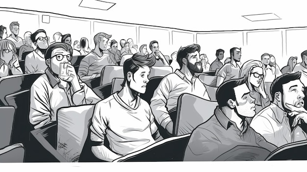 A black and white drawing of a classroom full of students.