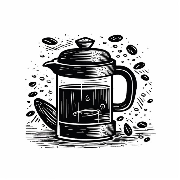 Photo a black and white drawing of a coffee pot with beans generative ai