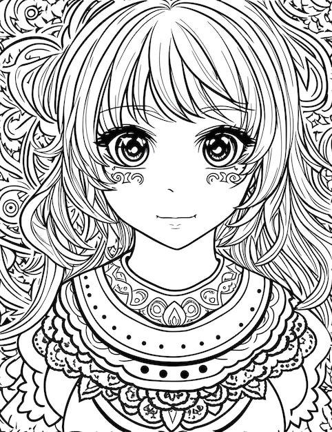 A black and white drawing coloring book page