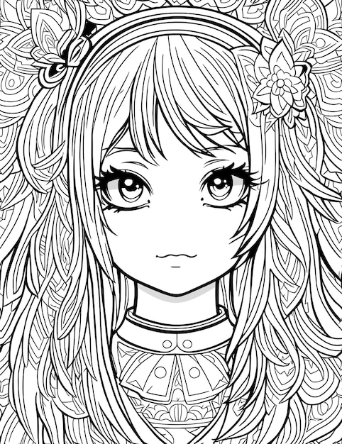 Intricate Cute Girl Anime Character Coloring Book Page · Creative Fabrica