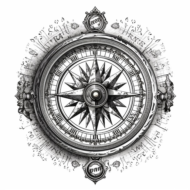 a black and white drawing of a compass with a clock face generative ai