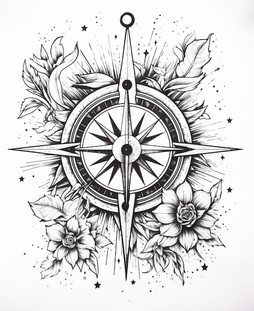 Photo a black and white drawing of a compass with flowers and leaves generative ai