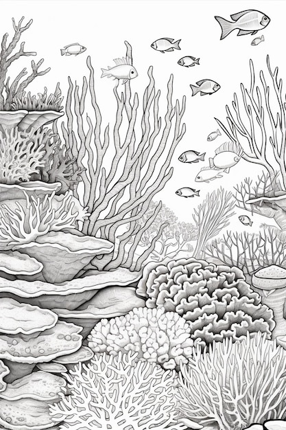 A black and white drawing of a coral reef with fish and corals.