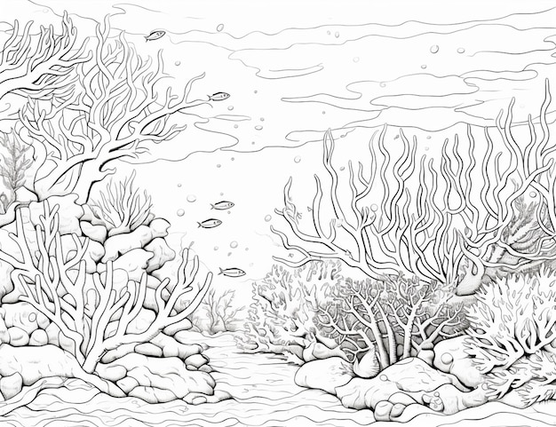 A black and white drawing of a coral reef with fish generative ai