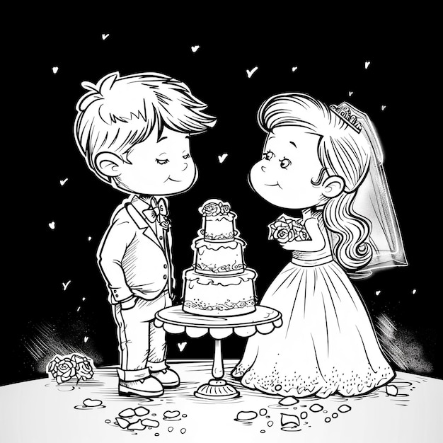 Photo a black and white drawing of a couple and a cake