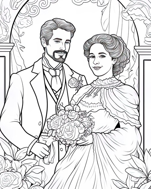 a black and white drawing of a couple in a floral dress