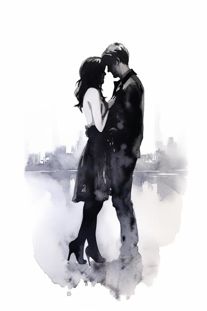 a black and white drawing of a couple kissing in front of a city skyline.