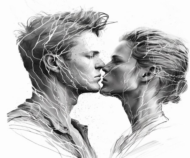 Photo a black and white drawing of a couple kissing