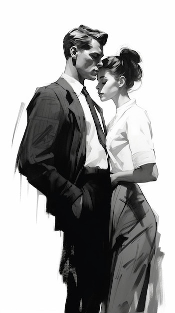 a black and white drawing of a couple in a photo.