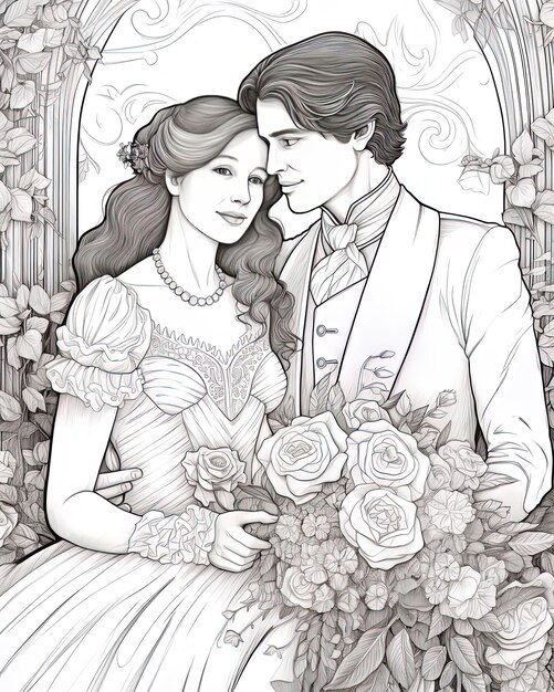 a black and white drawing of a couple in a room with flowers