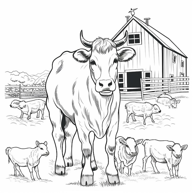 Photo a black and white drawing of a cow standing in front of a barn generative ai