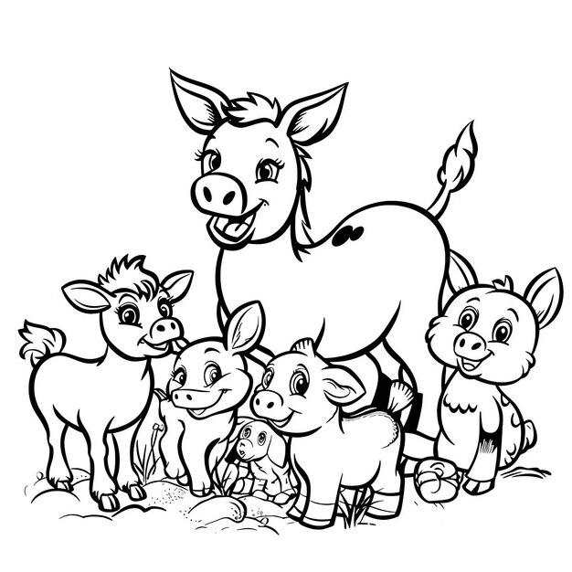 Photo a black and white drawing of a cow and two other animals