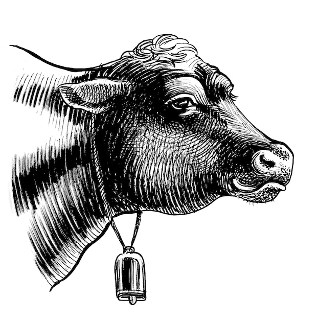 Photo a black and white drawing of a cow with a bell on its neck.