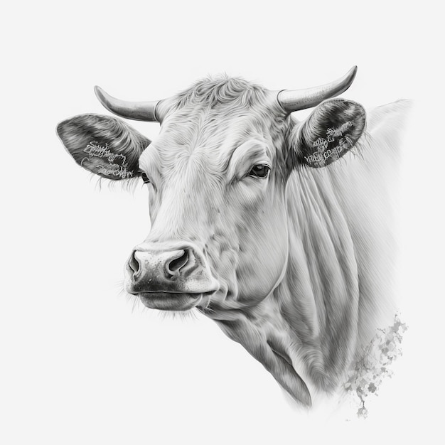 A black and white drawing of a cow with horns and a nose.