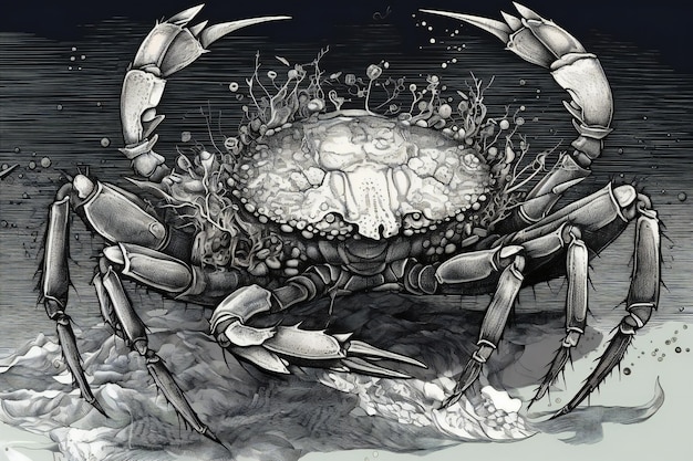 Black and white drawing of a crab on the background of the sea