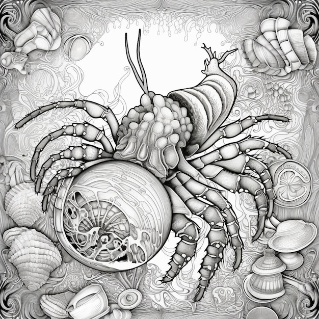 a black and white drawing of a crab with shells and shells generative ai