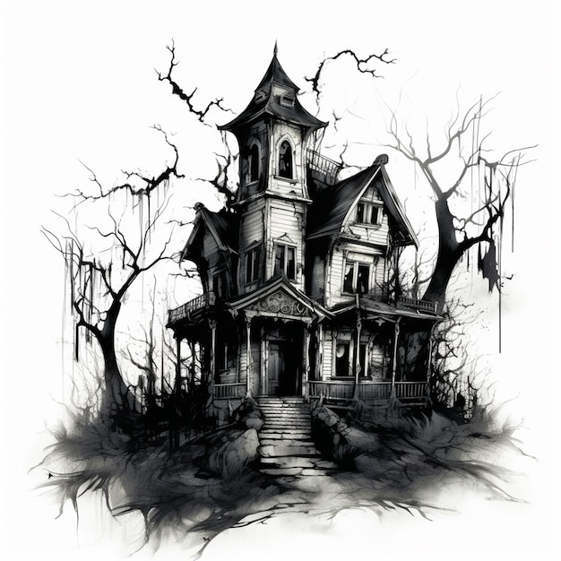 階段を生み出した恐ろしい家の黒と白の絵