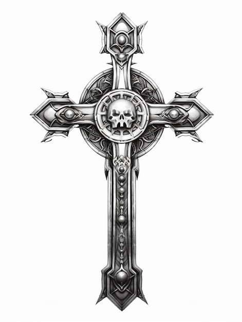 a black and white drawing of a cross with a skull on it generative ai