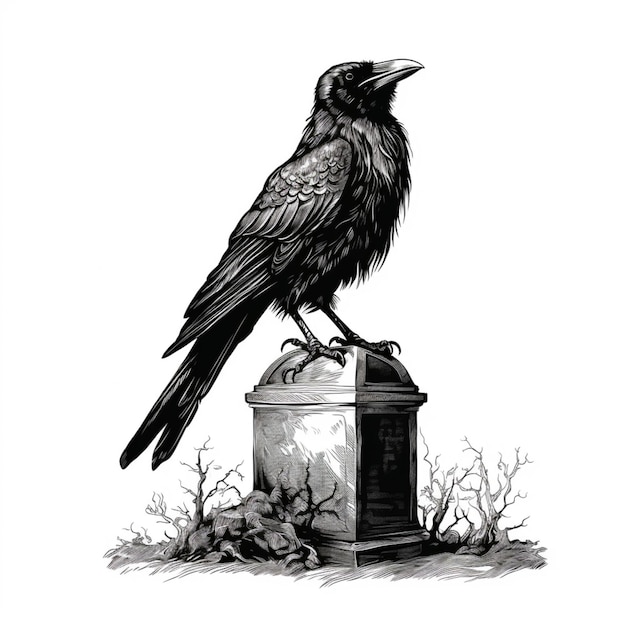 Photo a black and white drawing of a crow sitting on a grave generative ai