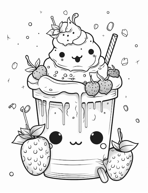 A black and white drawing of a cup of ice cream with strawberries generative ai