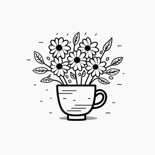 a black and white drawing of a cup with flowers in it generative ai