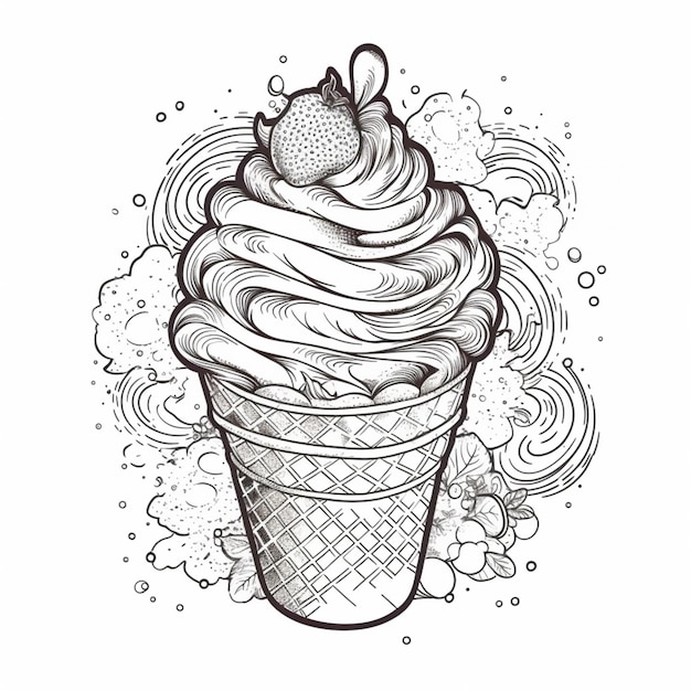 a black and white drawing of a cupcake with a strawberry on top generative ai