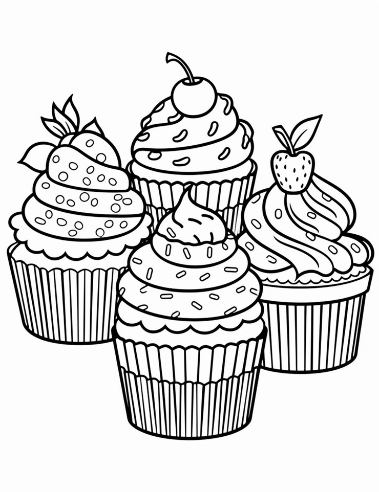 上部にストロベリーが付いたカップケーキの黒と白の絵
