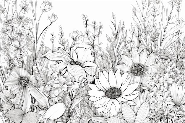 A black and white drawing of daisies and other flowers.