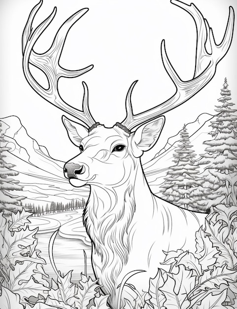 a black and white drawing of a deer in a forest generative ai