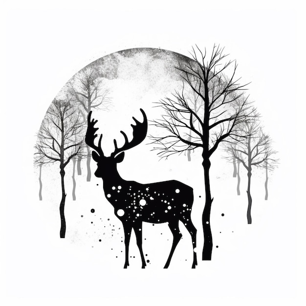 A black and white drawing of a deer in a forest generative ai