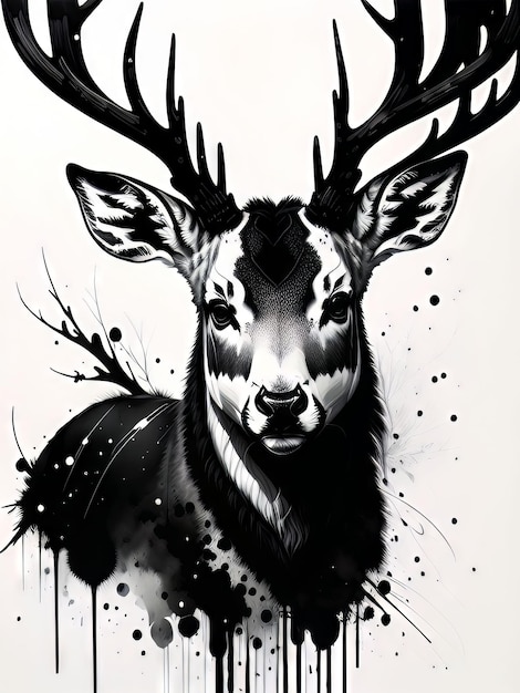 A black and white drawing of a deer with antlers and a black and white face.