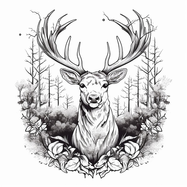 a black and white drawing of a deer with antlers in the woods generative ai