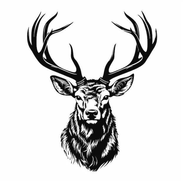 a black and white drawing of a deer with large antlers generative ai