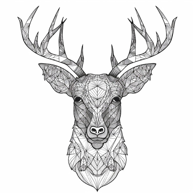 A black and white drawing of a deers head with geometric patterns generative ai