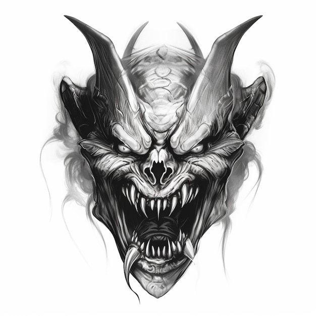 A black and white drawing of a demon with a large mouth generative ai