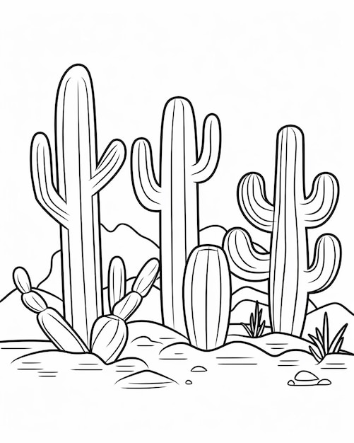 Photo a black and white drawing of a desert with cactus plants generative ai