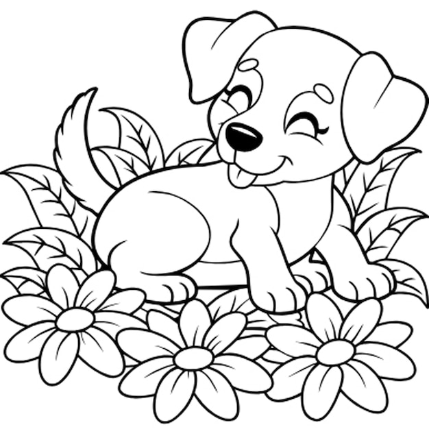 a black and white drawing of a dog and plants