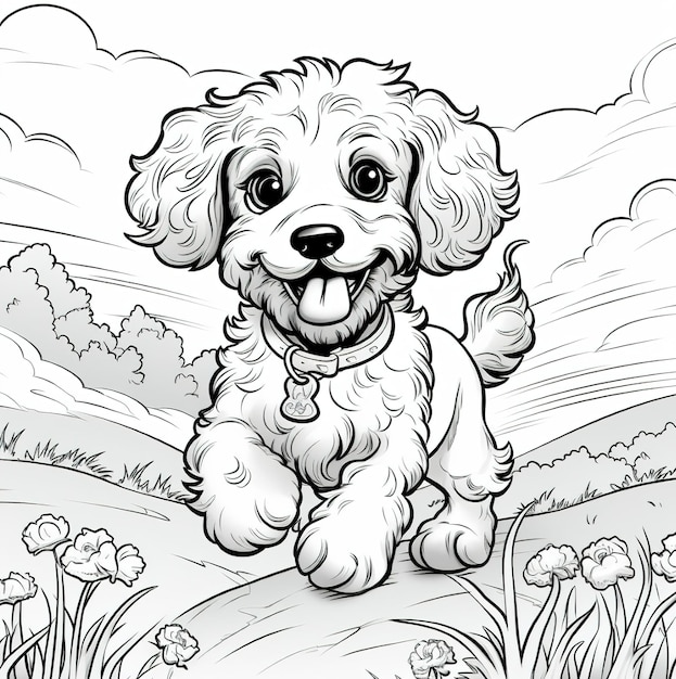 A black and white drawing of a dog running in a field with flowers.