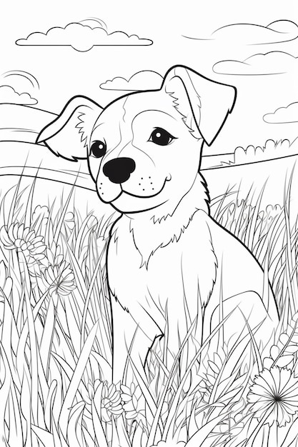 Photo a black and white drawing of a dog sitting in a field generative ai