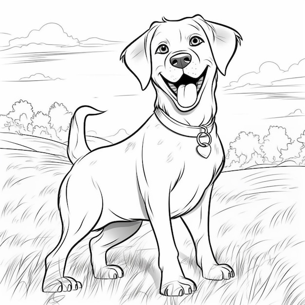 Foto un disegno in bianco e nero di un cane in piedi in un campo generativo ai