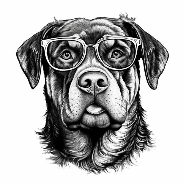 A black and white drawing of a dog wearing glasses generative ai