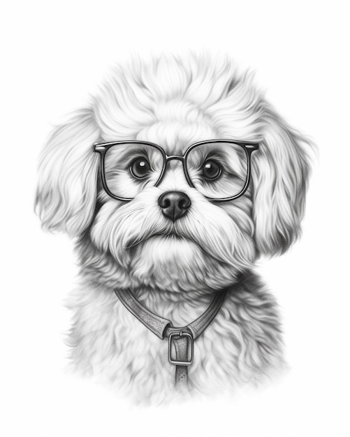 A black and white drawing of a dog wearing glasses generative ai