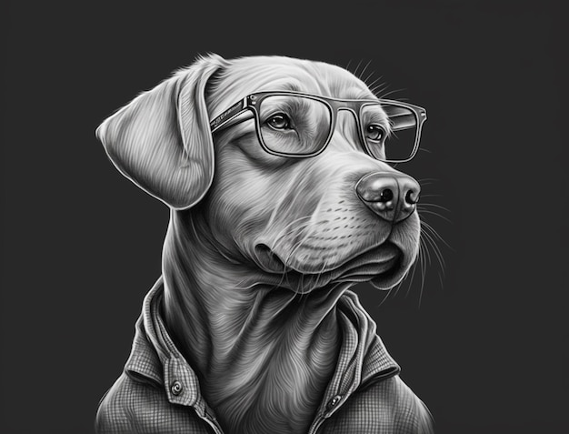 A black and white drawing of a dog wearing glasses.