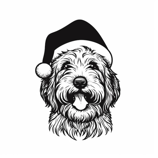 черно-белый рисунок собаки в шляпе Санта-Клауса