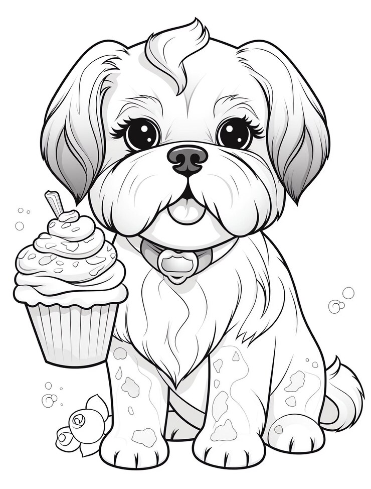 Photo a black and white drawing of a dog with a cupcake in the middle